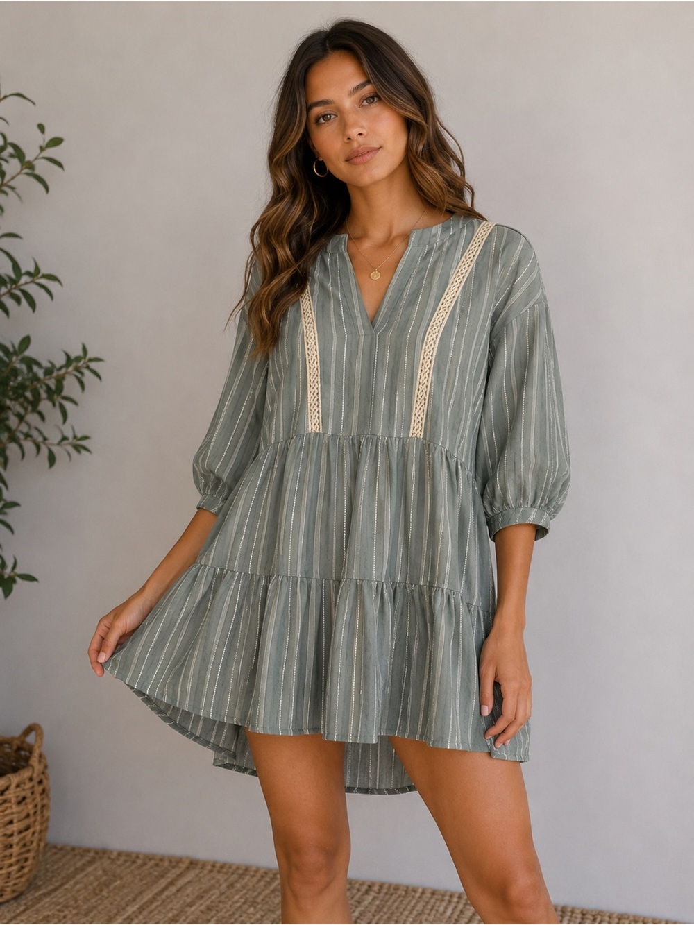Gigio USA Linen Blend Babydoll Tunic Top Small Sage Green Boho
